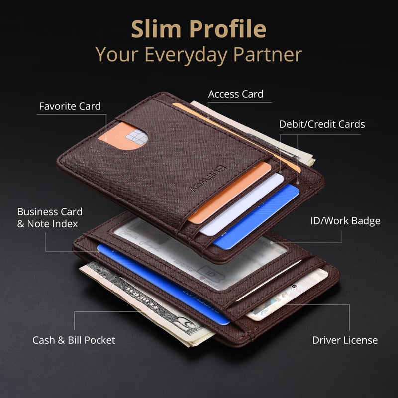 Buffway Slim Minimalist Front Pocket RFID Blocking Leather Wallets for Men and Women - Cross Coffee - Image 3